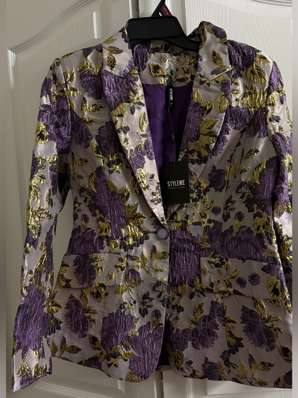 STYLEWE Purple & Gold Floral Jacquard Blazer with Notch Lapel
